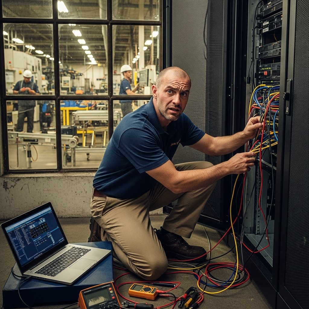 IT technician urgently working on server rack in manufacturing facility