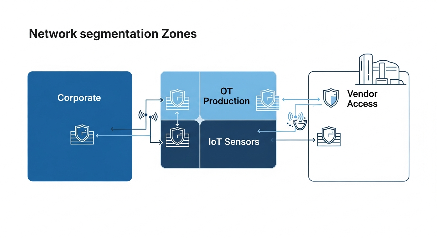 Network segmentation zones diagram showing Corporate IT, OT Production, IoT Sensors, and Vendor Access zones separated by firewalls